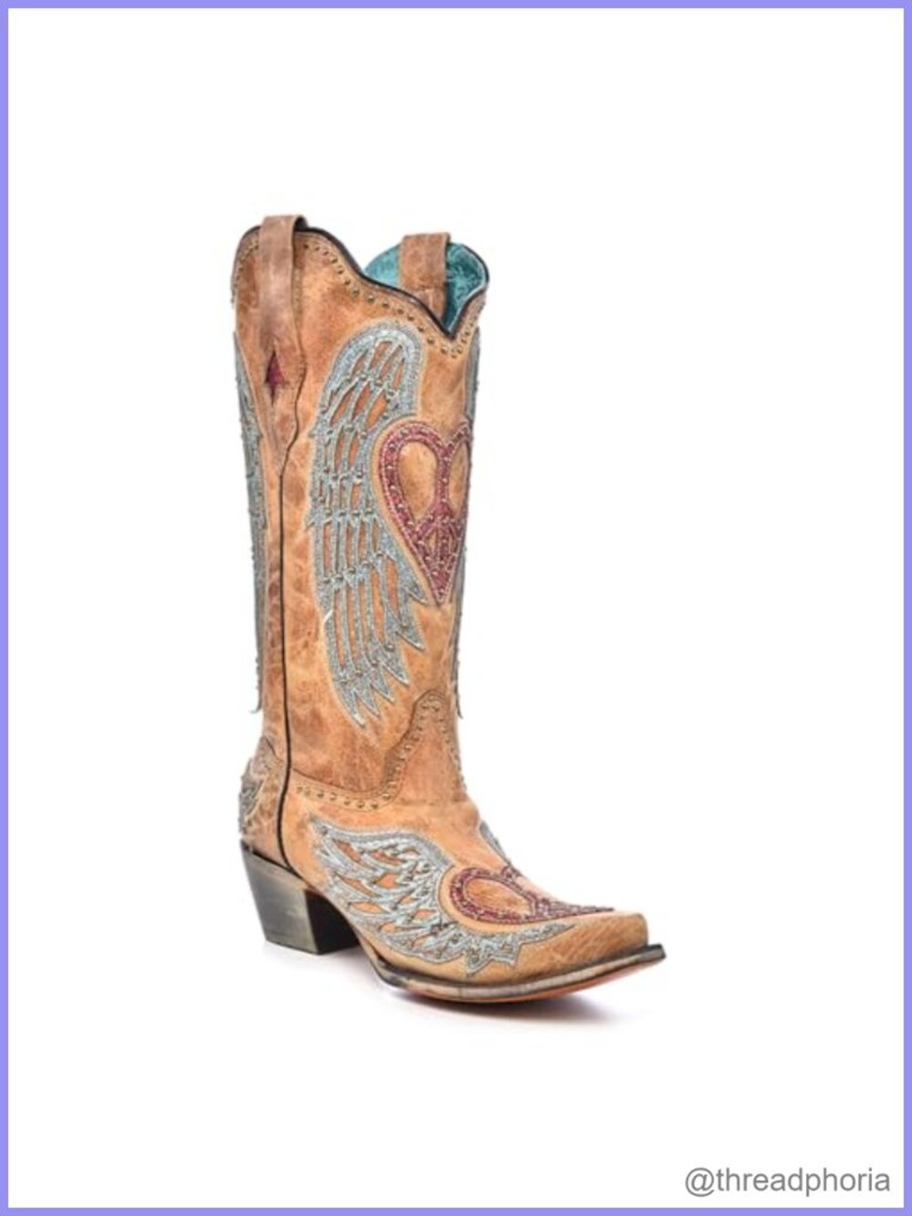 Western Cowboy Boots Heart Wings Overlay Embroidery Studs Snip Toe